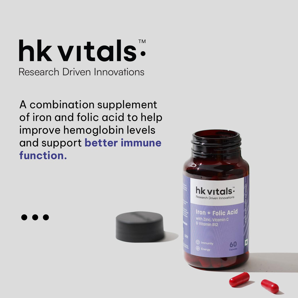 HealthKart hk vitals Iron + Folic Acid Supplement (60 Capsules) | With Zinc, Vitamin C & Vitamin B12, Supports Blood Building | Immunity and Energy