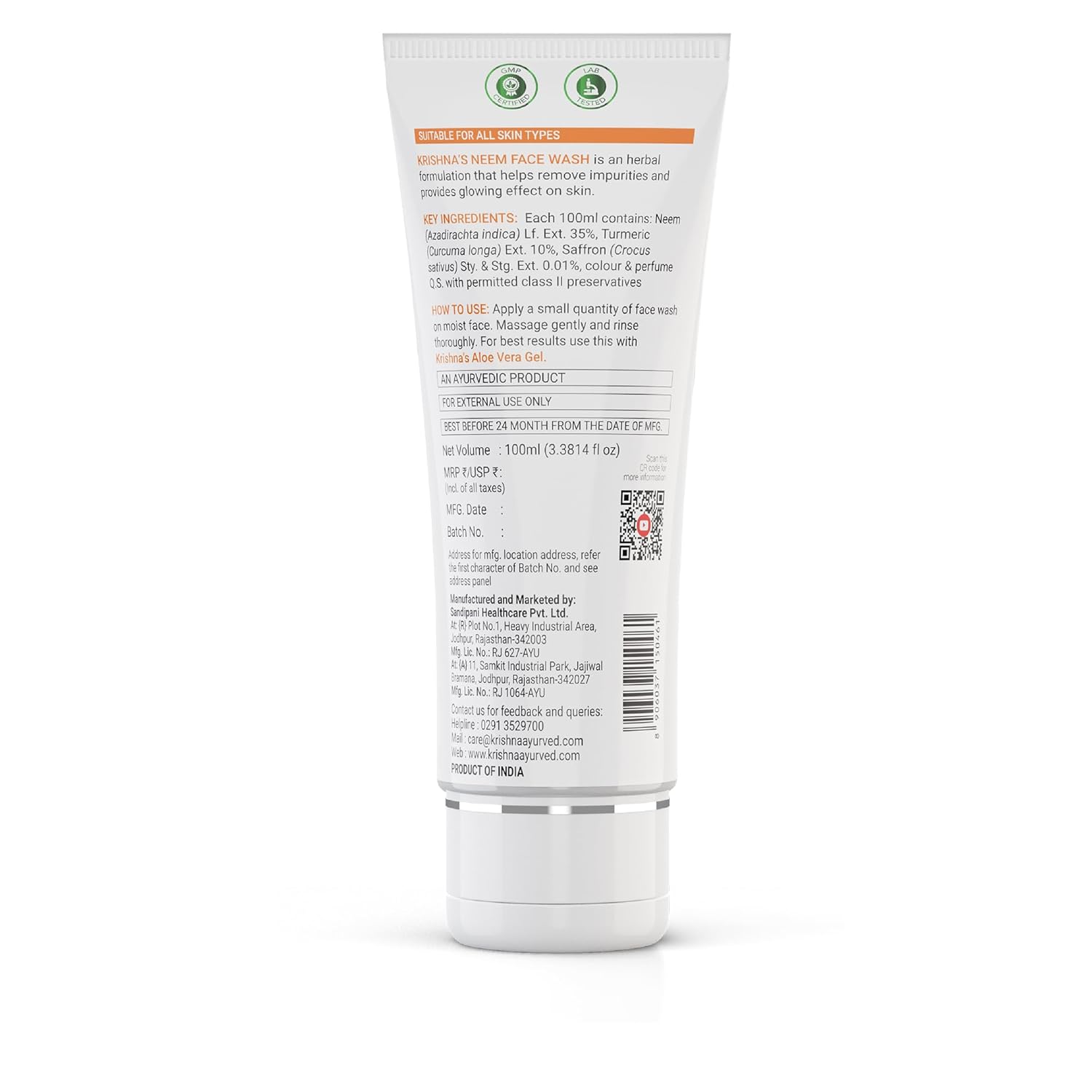 Krishna's Neem Face Wash - 100 ml | Ayurvedic expert for Acne & Pimples | Goodness of Neem, Turmeric & Saffron