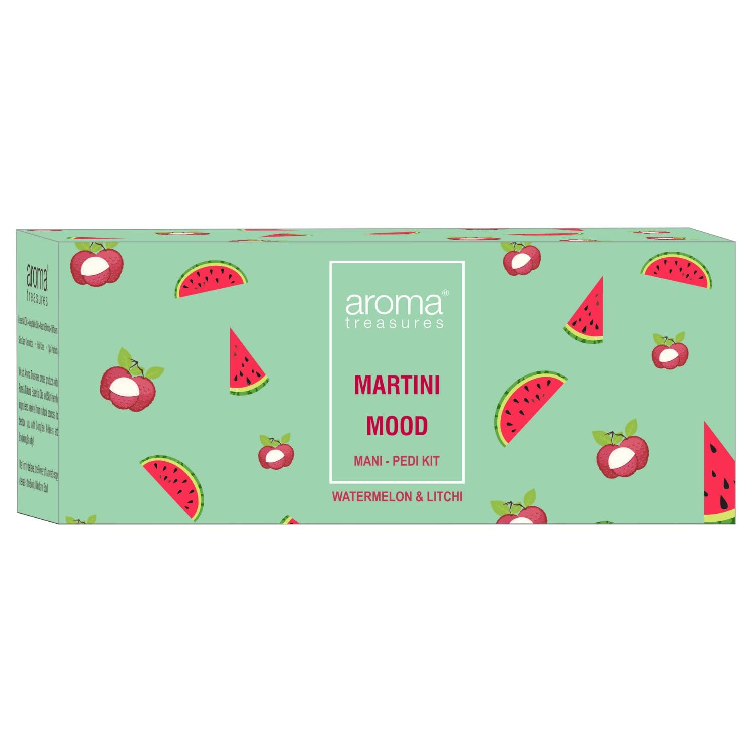 Aroma Treasures Martini Mood Mani-Pedi Kit | Watermelon & Litchi | Hydrating Spa Kit for Soft, Supple Hands & Feet | 6-Step Manicure Pedicure Kit with Bath Fizz, Scrub, Body Butter & Masque