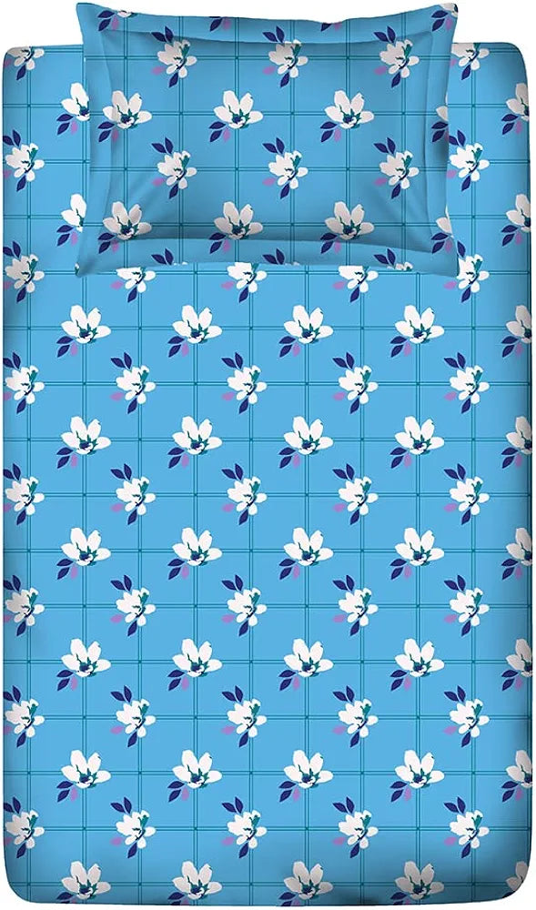 Layers Cotton Bedsheet for Single Bed with 1 Pillow Cover Light Weight Breathable Classic Collection Blue Floral Pattern