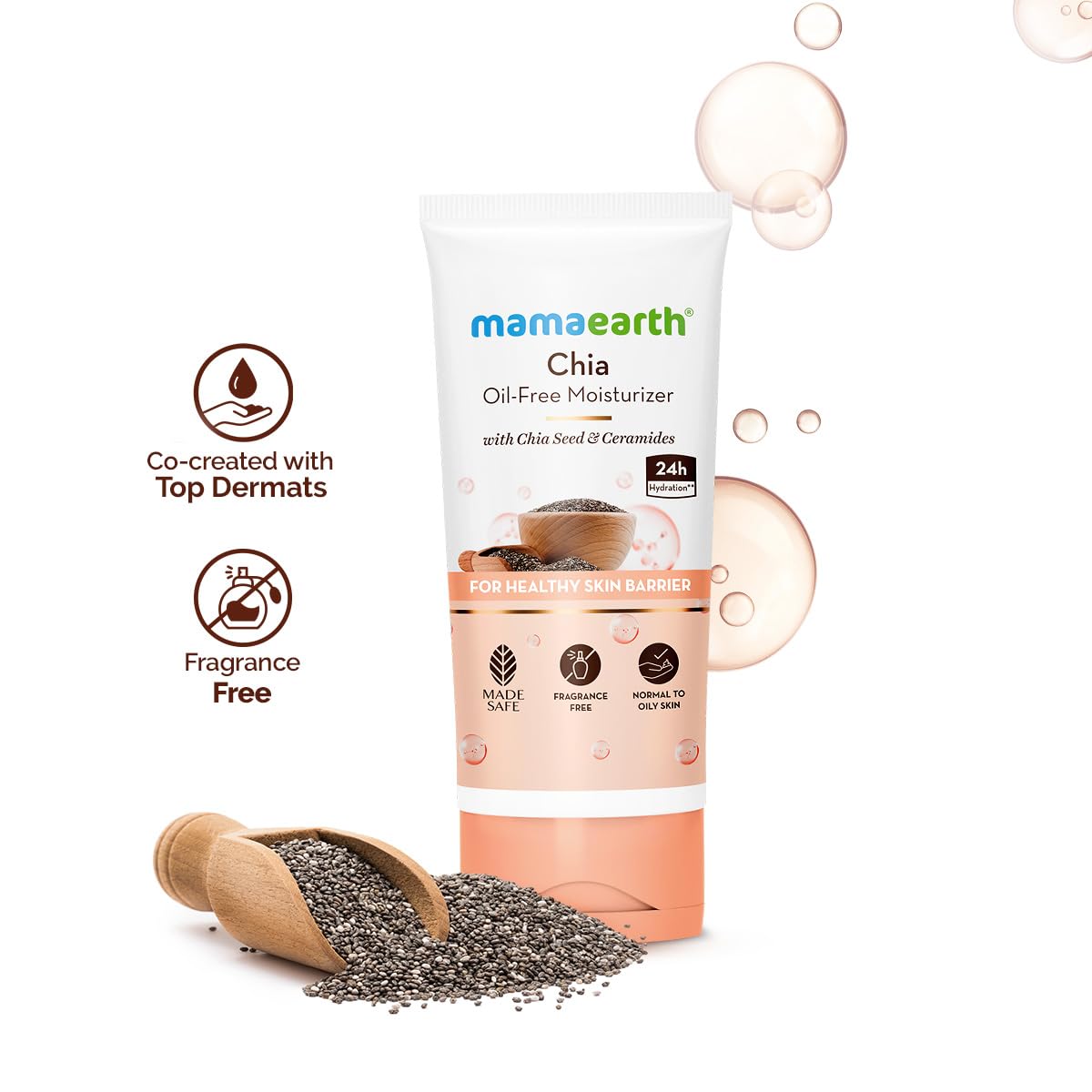 Mamaearth Chia Oil-Free Moisturizer with Chia Seed & Ceramides for Normal to Oily Skin | For Hydrated Glow | 24 Hrs Long-Lasting Hydration | Co-Created with Dermats | Healthy Skin Barrier | Oil-Free Formula | Fragrance Free | 80 g