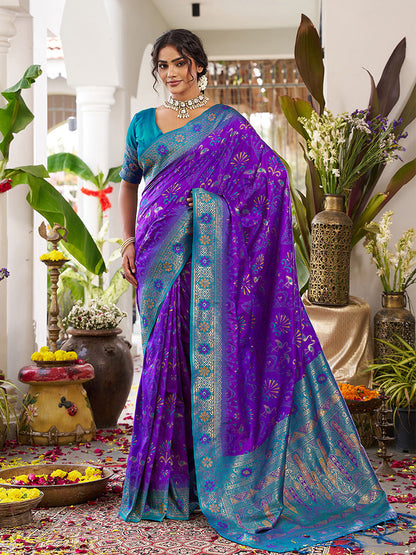 Monjolika Fashion Violet Soft Banarasi Silk Blend Saree with Contrast Blouse Piece