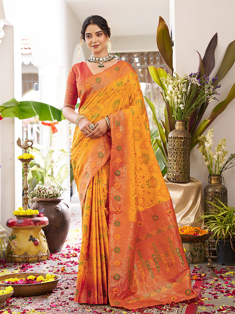 Monjolika Fashion Mustard Soft Banarasi Silk Blend Saree with Contrast Blouse Piece