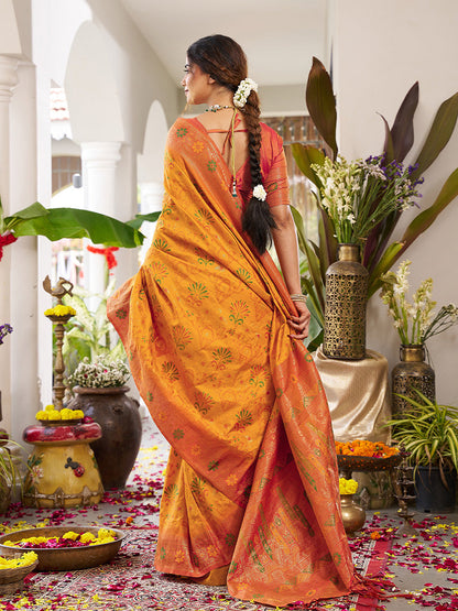 Monjolika Fashion Mustard Soft Banarasi Silk Blend Saree with Contrast Blouse Piece