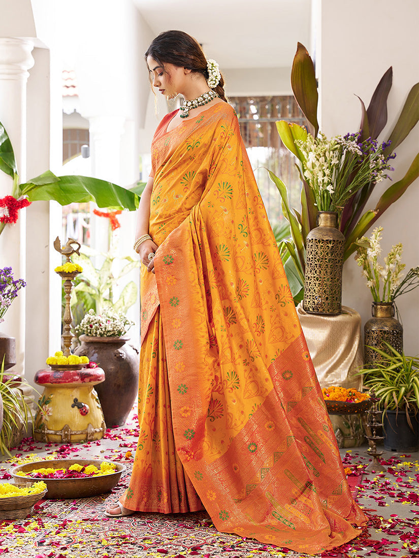 Monjolika Fashion Mustard Soft Banarasi Silk Blend Saree with Contrast Blouse Piece