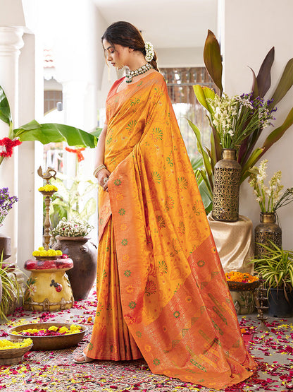 Monjolika Fashion Mustard Soft Banarasi Silk Blend Saree with Contrast Blouse Piece