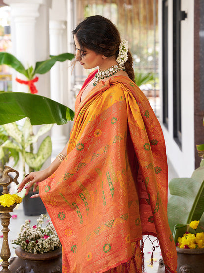 Monjolika Fashion Mustard Soft Banarasi Silk Blend Saree with Contrast Blouse Piece