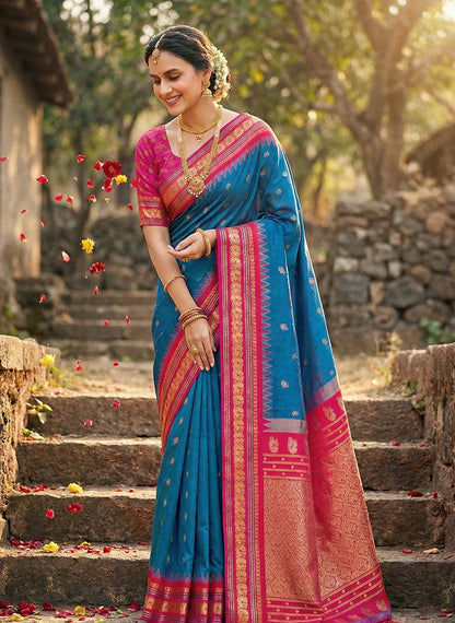 Monjolika Fashion Royal Blue Banarasi Silk Blend Saree with Rani Pink Zari Border
