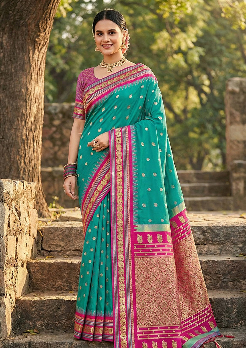 Monjolika Fashion Sea Green Banarasi Silk Blend Saree with Magenta Pink Zari Border
