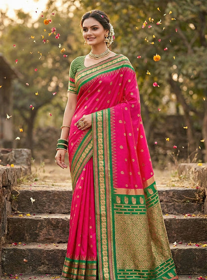 Monjolika Fashion Rani Pink Banarasi Silk Blend Saree with Green Zari Border