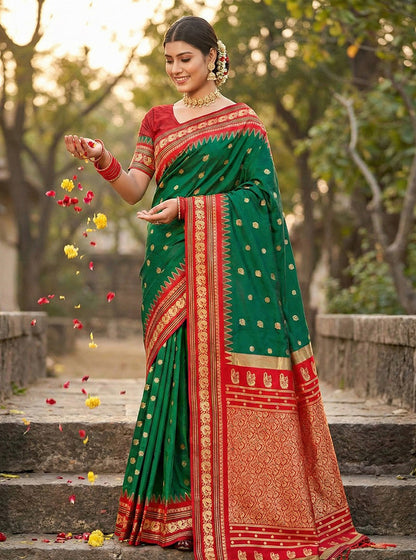 Monjolika Fashion Dark Green Banarasi Silk Blend Saree with Red Zari Border