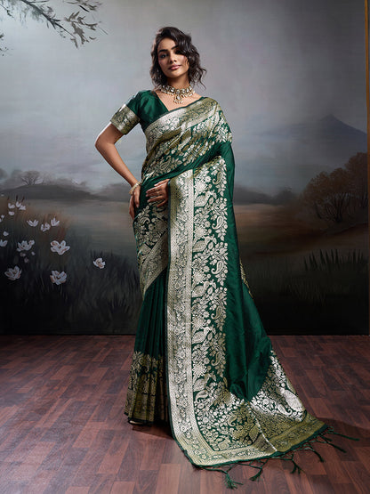 Monjolika Fashion Dark Green Banarasi Silk Blend Saree With Rich Gold Zari Weaving