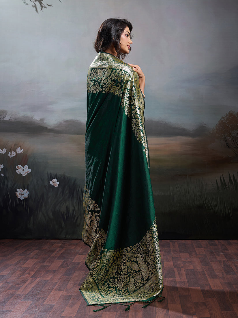 Monjolika Fashion Dark Green Banarasi Silk Blend Saree With Rich Gold Zari Weaving