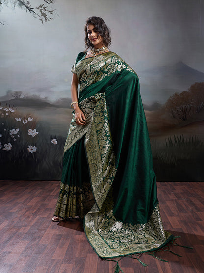 Monjolika Fashion Dark Green Banarasi Silk Blend Saree With Rich Gold Zari Weaving