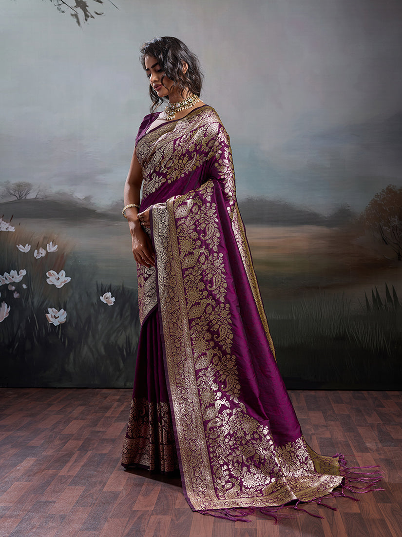 Monjolika Fashion Wine Purple Banarasi Silk Blend Saree With Rich Gold Zari Weaving