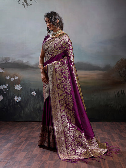 Monjolika Fashion Wine Purple Banarasi Silk Blend Saree With Rich Gold Zari Weaving