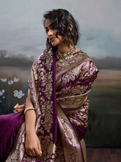 Monjolika Fashion Wine Purple Banarasi Silk Blend Saree With Rich Gold Zari Weaving