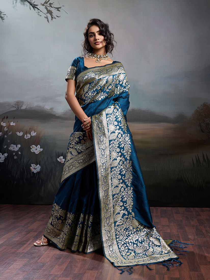 Monjolika Fashion Teal Blue Banarasi Silk Blend Saree With Rich Gold Zari Weaving