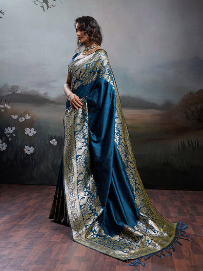 Monjolika Fashion Teal Blue Banarasi Silk Blend Saree With Rich Gold Zari Weaving