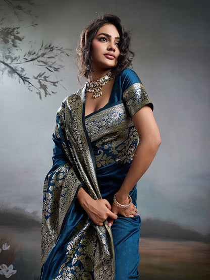 Monjolika Fashion Teal Blue Banarasi Silk Blend Saree With Rich Gold Zari Weaving