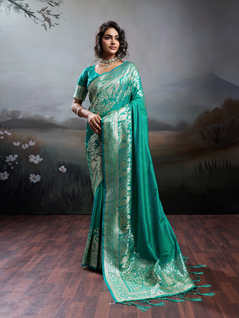 Monjolika Fashion Turquoise Banarasi Silk Blend Saree With Rich Gold Zari Weaving