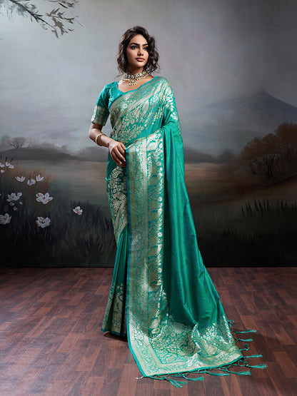 Monjolika Fashion Turquoise Banarasi Silk Blend Saree With Rich Gold Zari Weaving