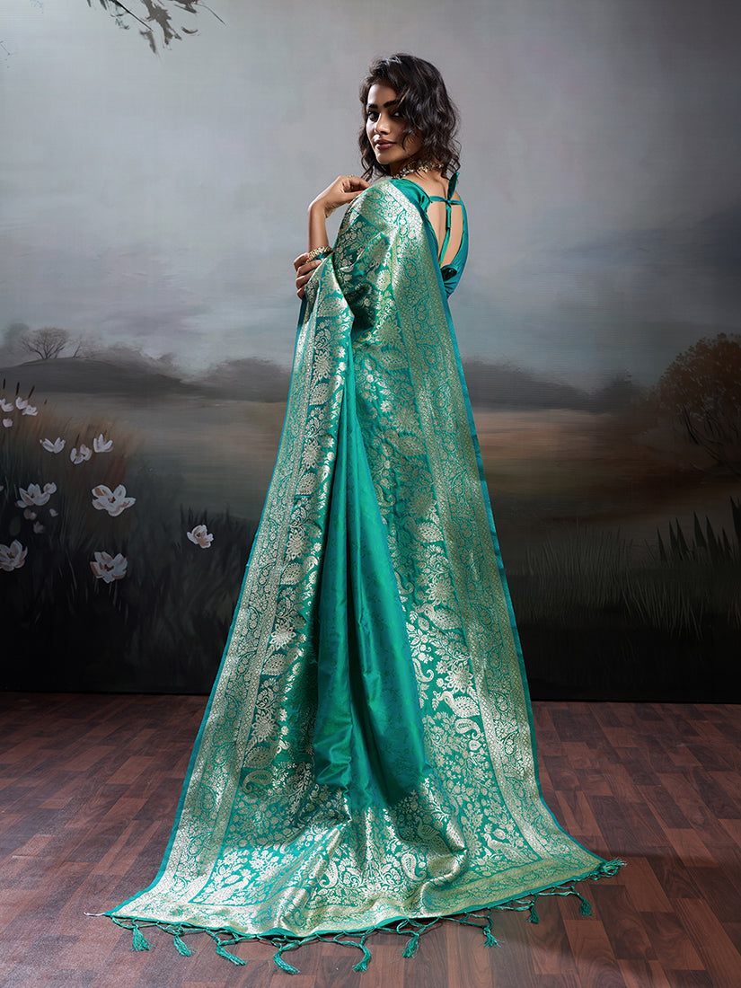 Monjolika Fashion Turquoise Banarasi Silk Blend Saree With Rich Gold Zari Weaving