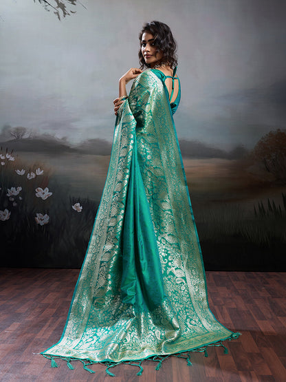 Monjolika Fashion Turquoise Banarasi Silk Blend Saree With Rich Gold Zari Weaving