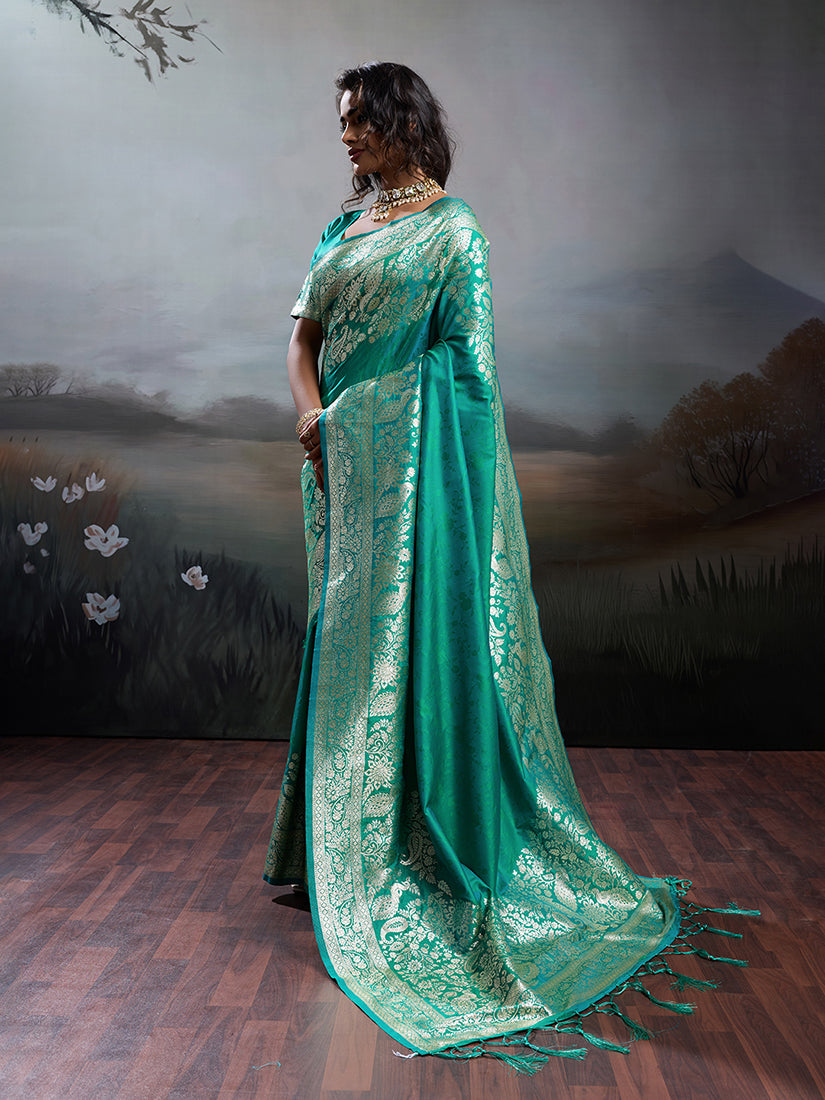 Monjolika Fashion Turquoise Banarasi Silk Blend Saree With Rich Gold Zari Weaving