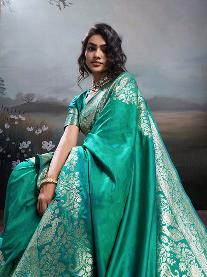 Monjolika Fashion Turquoise Banarasi Silk Blend Saree With Rich Gold Zari Weaving