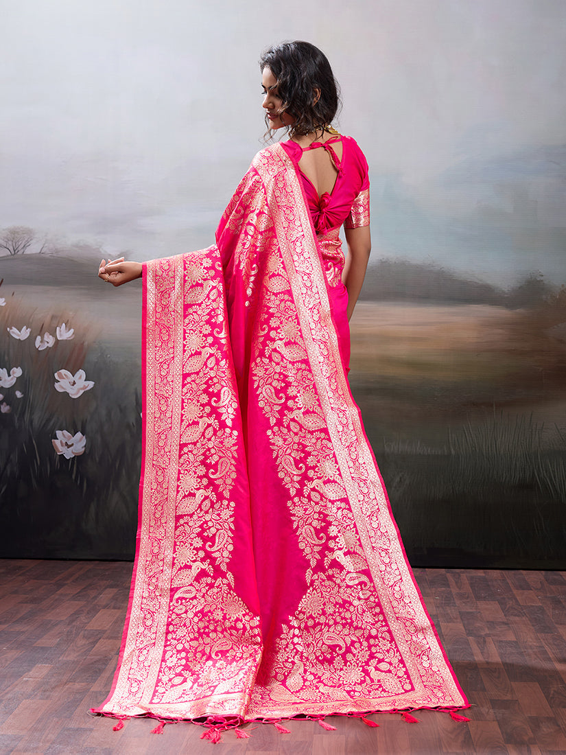 Monjolika Fashion Gajri Pink Banarasi Silk Blend Saree With Rich Gold Zari Weaving