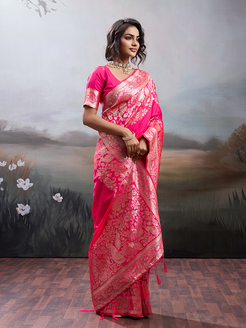 Monjolika Fashion Gajri Pink Banarasi Silk Blend Saree With Rich Gold Zari Weaving