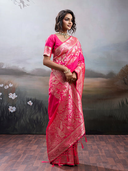 Monjolika Fashion Gajri Pink Banarasi Silk Blend Saree With Rich Gold Zari Weaving