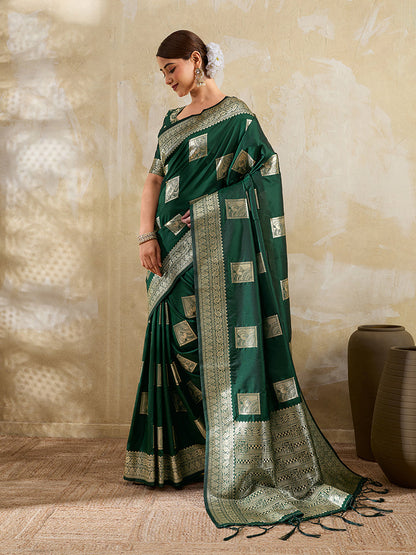 Monjolika Fashion Dark Green Zari Woven Banarasi Silk Blend Saree With Blouse Piece