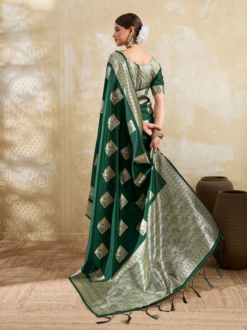 Monjolika Fashion Dark Green Zari Woven Banarasi Silk Blend Saree With Blouse Piece