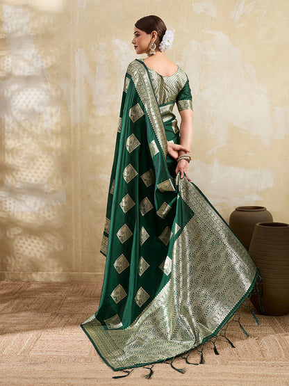 Monjolika Fashion Dark Green Zari Woven Banarasi Silk Blend Saree With Blouse Piece