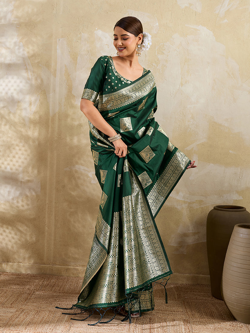 Monjolika Fashion Dark Green Zari Woven Banarasi Silk Blend Saree With Blouse Piece