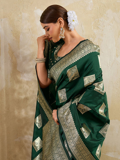 Monjolika Fashion Dark Green Zari Woven Banarasi Silk Blend Saree With Blouse Piece