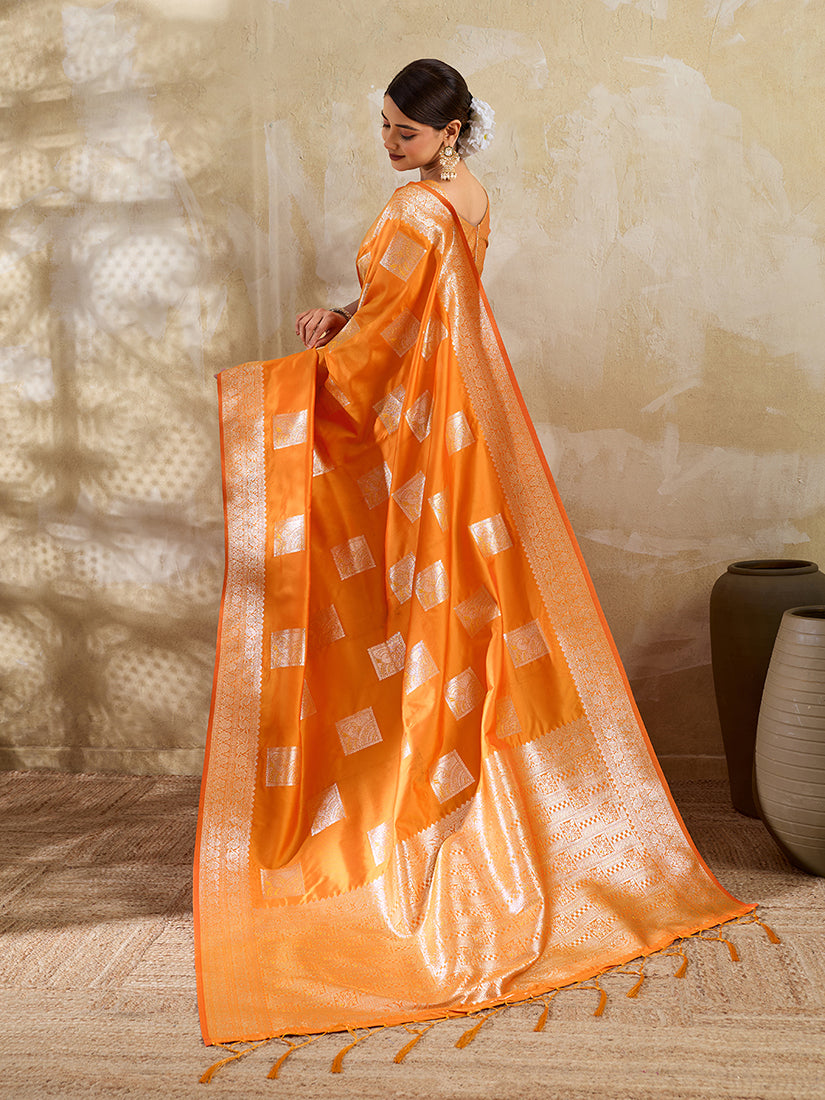 Monjolika Fashion Orange Zari Woven Banarasi Silk Blend Saree With Blouse Piece