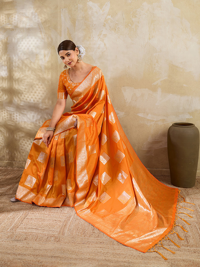 Monjolika Fashion Orange Zari Woven Banarasi Silk Blend Saree With Blouse Piece