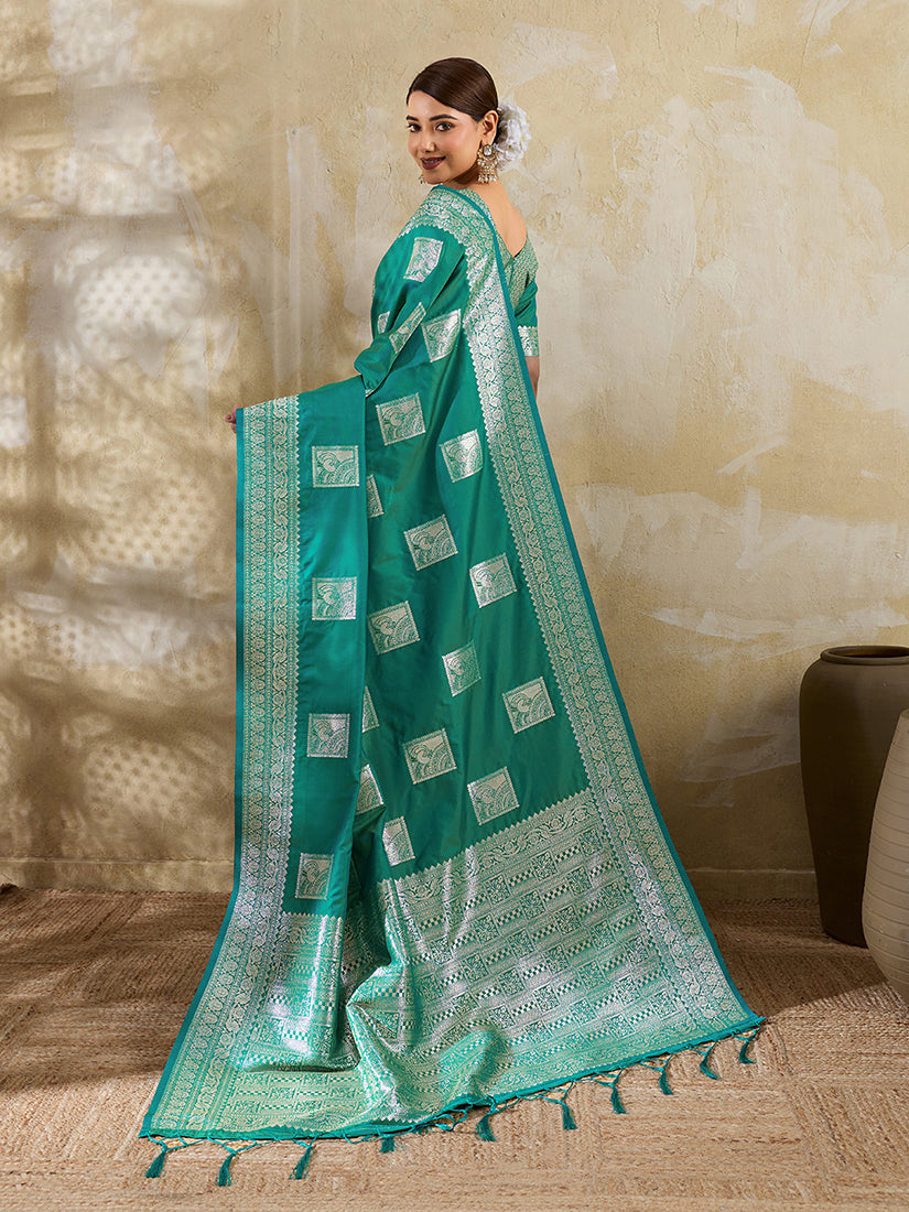 Monjolika Fashion Teal Zari Woven Banarasi Silk Blend Saree With Blouse Piece