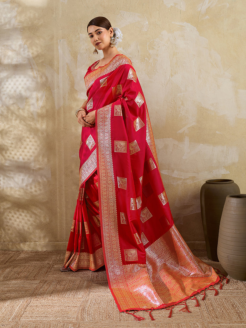Monjolika Fashion Red Zari Woven Banarasi Silk Blend Saree With Blouse Piece