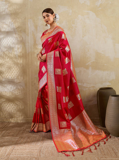 Monjolika Fashion Red Zari Woven Banarasi Silk Blend Saree With Blouse Piece
