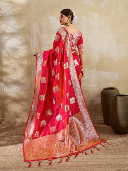 Monjolika Fashion Red Zari Woven Banarasi Silk Blend Saree With Blouse Piece