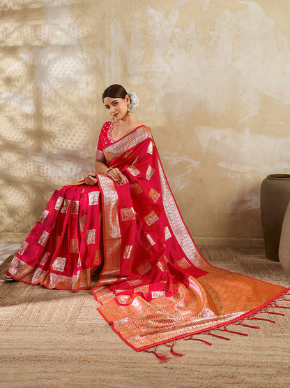 Monjolika Fashion Red Zari Woven Banarasi Silk Blend Saree With Blouse Piece