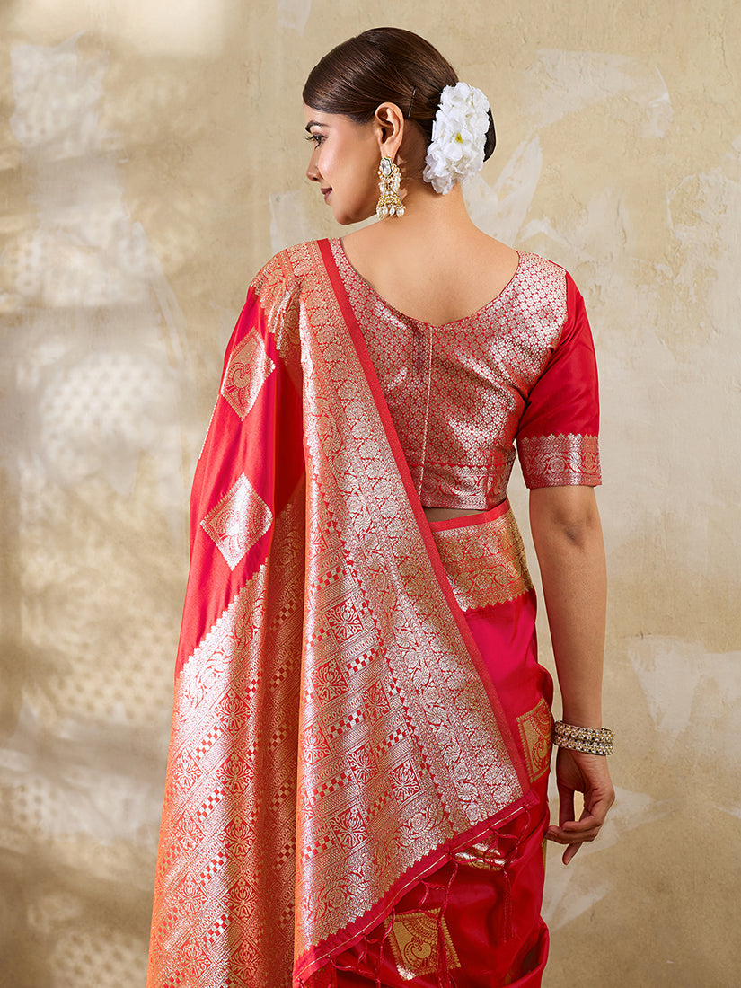 Monjolika Fashion Red Zari Woven Banarasi Silk Blend Saree With Blouse Piece