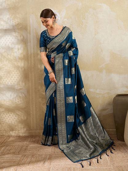 Monjolika Fashion Navy Blue Zari Woven Banarasi Silk Blend Saree With Blouse Piece