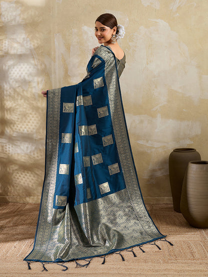 Monjolika Fashion Navy Blue Zari Woven Banarasi Silk Blend Saree With Blouse Piece