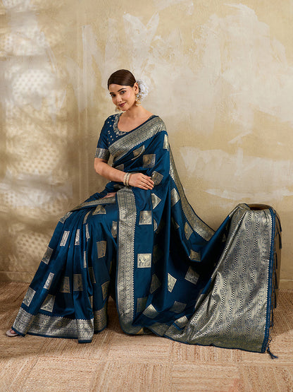 Monjolika Fashion Navy Blue Zari Woven Banarasi Silk Blend Saree With Blouse Piece