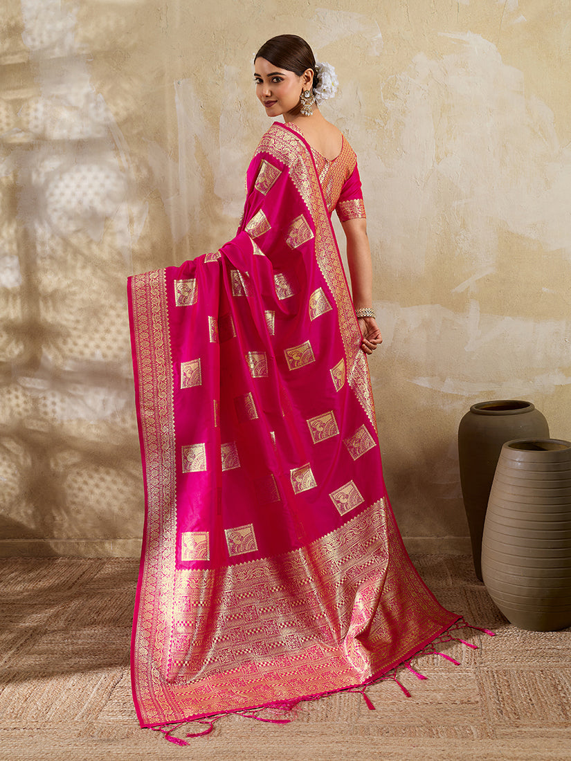 Monjolika Fashion Rani Pink Zari Woven Banarasi Silk Blend Saree With Blouse Piece